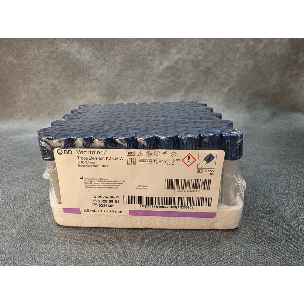 BD Vacutainer Trace Element K2 EDTA Blood Collection Tubes 3mL 13x75mm 100ct